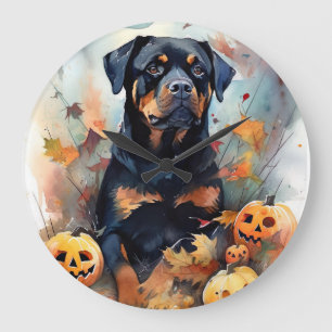 Reloj Redondo Grande Rottweiler de Halloween con calabazas espantoso