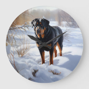 Reloj Redondo Grande Rottweiler Deja que nieve Navidad