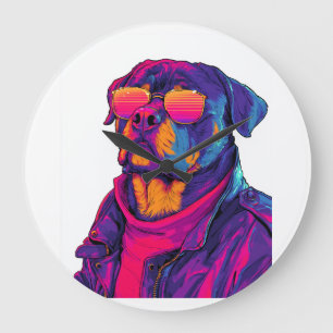 Reloj Redondo Grande Rottweiler Retro � Perro con Vibra Neon de los 80