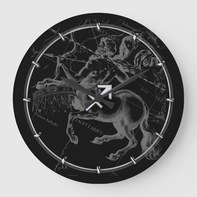 Reloj Redondo Grande Rótulo cromado como Sagittarius Zodiac Decoración  (Anverso)