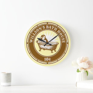 Reloj Redondo Grande Rótulo de la Casa de Baño de Estilo Woodcut