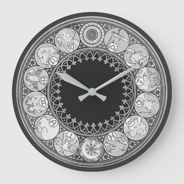 Reloj Redondo Grande Rótulos Art Deco Zodiac| Gris plateado (Anverso)