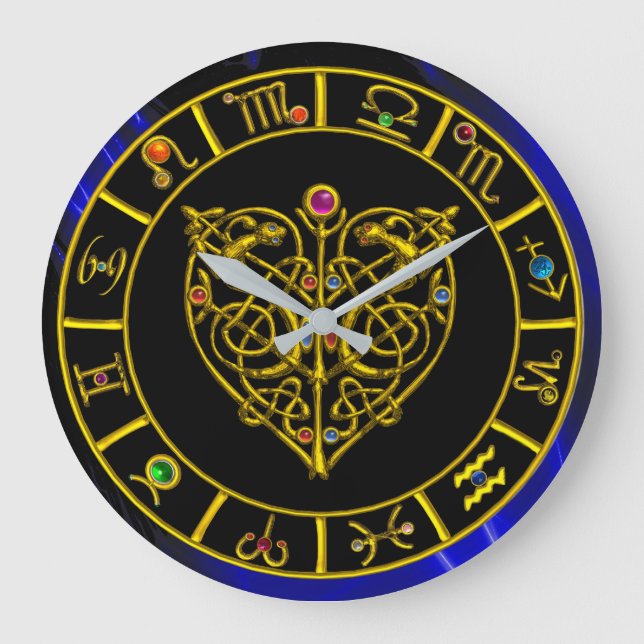 Reloj Redondo Grande Rótulos ZODIACALES EN AZUL, Astrología CARDÍACA OR (Anverso)