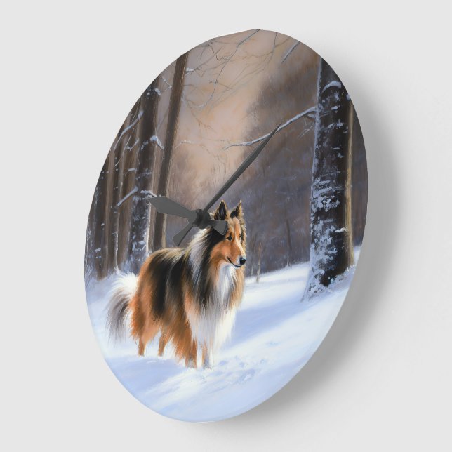 Reloj Redondo Grande Rough Collie Deja Que Nieva Navidades (Ángulo)
