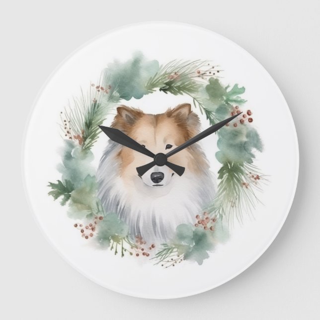 Reloj Redondo Grande Rough Collie Navidades Wreath Festive Pup (Anverso)