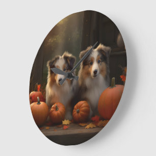 Reloj Redondo Grande Rough Collie Puppy Calabaza deslumbrante otoño