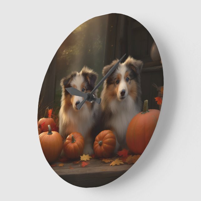 Reloj Redondo Grande Rough Collie Puppy Calabaza deslumbrante otoño (Ángulo)