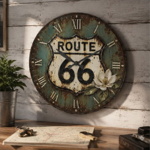Reloj Redondo Grande Route 66 Vintage Americana Rustic Highway Sign