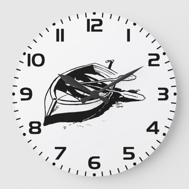 Reloj Redondo Grande Rowboat Illustration Nautical Black and White (Anverso)