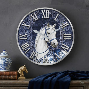 Reloj Redondo Grande Royal Blue and White Horse Tapestry 