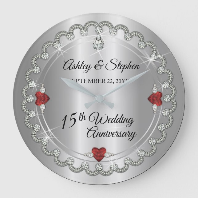 Reloj Redondo Grande Ruby elegante | 15º Aniversario Boda de los diaman (Anverso)