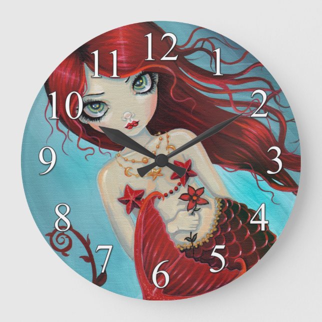 Reloj Redondo Grande Ruby Mermaid Fantasy Art Wall Clock (Anverso)