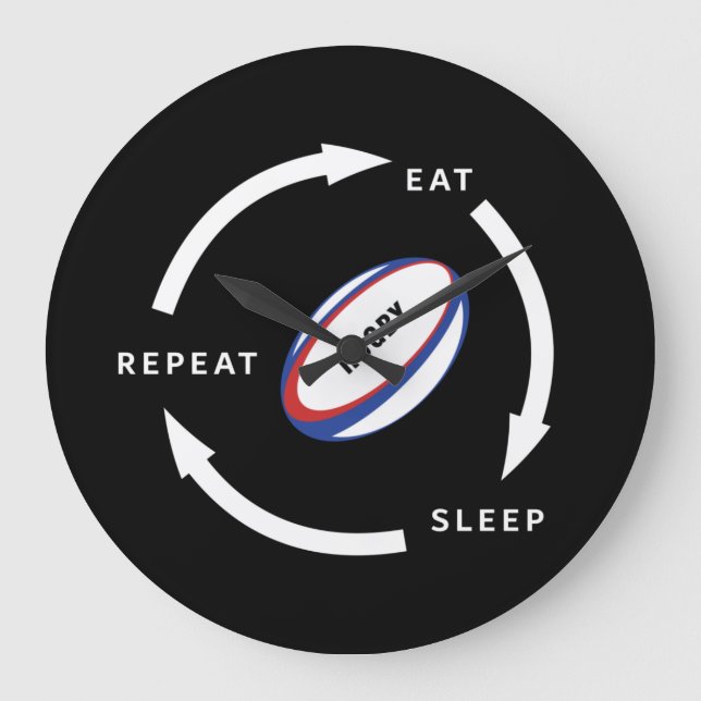 Reloj Redondo Grande Rugby Eat Sleep Repetir el discurso del hincha dep (Anverso)