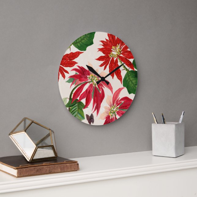 Reloj Redondo Grande Ruido Rojo Acuarela Poinsettia Verdor Floral (Oficina)