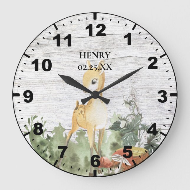 Reloj Redondo Grande Rustic Baby Fawn Deer Nature Greenery Barn Wood  (Anverso)