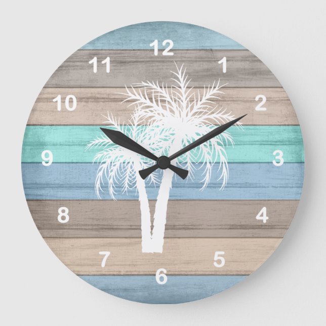 Reloj Redondo Grande Rustic Beach Wood Nautical and White Palm Trees (Anverso)