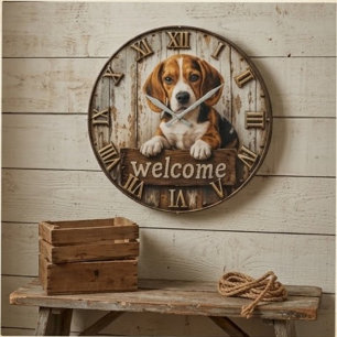Reloj Redondo Grande Rustic Beagle Welcome Farmhouse