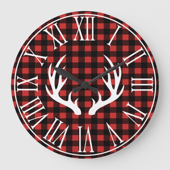 Reloj Redondo Grande Rustic Buffalo Check Plaid & White Deer Antlers (Anverso)