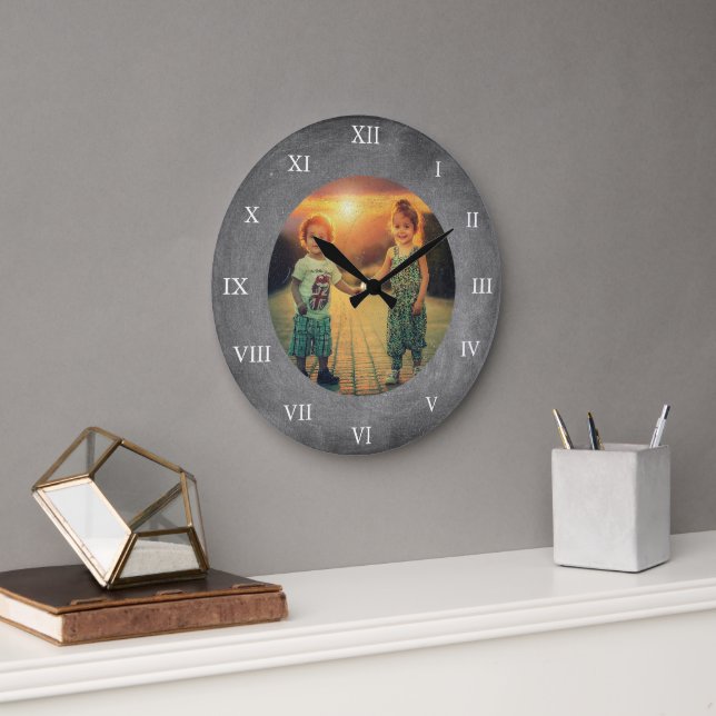 Reloj Redondo Grande Rustic chalkboard custom family photo (Oficina)
