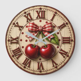 Reloj Redondo Grande Rustic Cherry Gingham Bow  Farmhouse Kitchen
