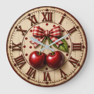 Reloj Redondo Grande Rustic Cherry Gingham Bow Farmhouse Kitchen