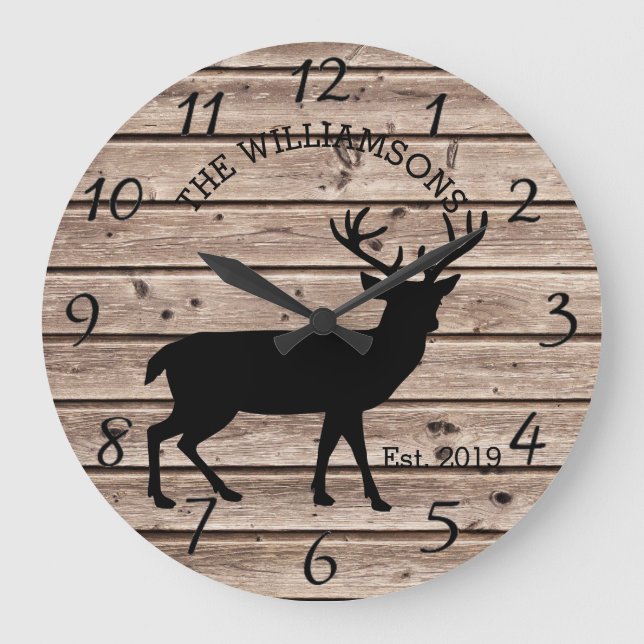 Reloj Redondo Grande Rustic Country Wood Farmhouse Deer with Antlers (Anverso)