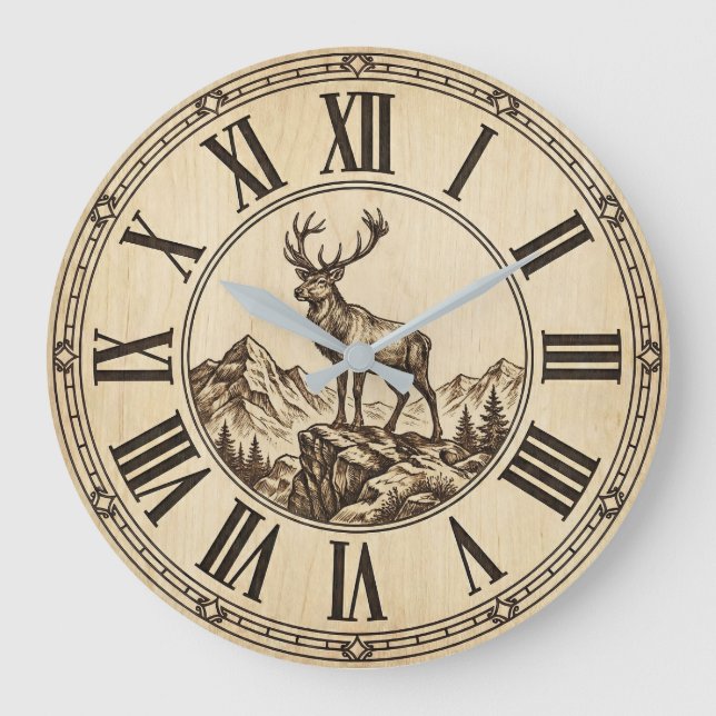 Reloj Redondo Grande Rustic Deer Mountain Wall Clock | Wood-Look Cabin  (Anverso)
