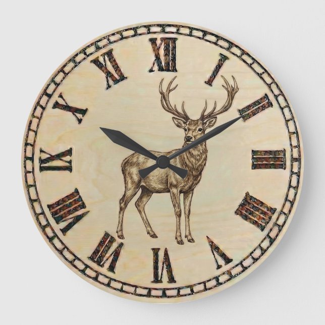 Reloj Redondo Grande Rustic Deer Wall Clock – Woodland Wildlife Art (Anverso)