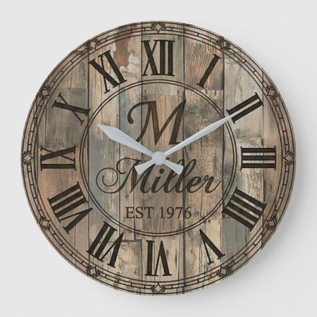 Reloj Redondo Grande Rustic Family Monogram Wall Clock | Wood-Look  (Anverso)