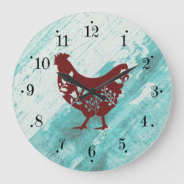 Reloj Redondo Grande Rustic Farmhouse Red Chicken Faux Wood Wall Clock