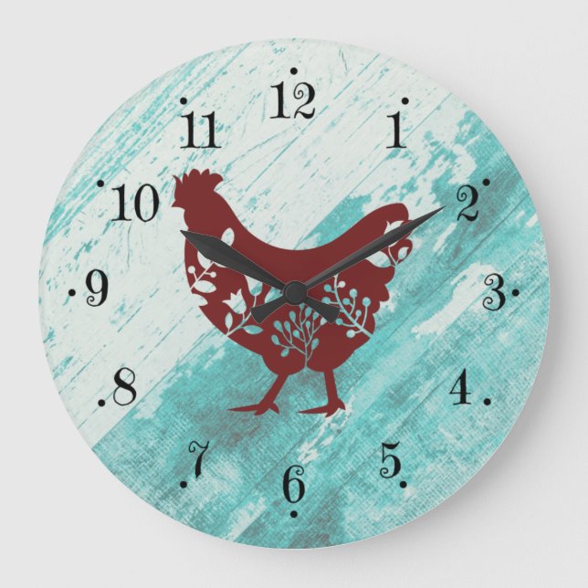 Reloj Redondo Grande Rustic Farmhouse Red Chicken Faux Wood Wall Clock (Anverso)