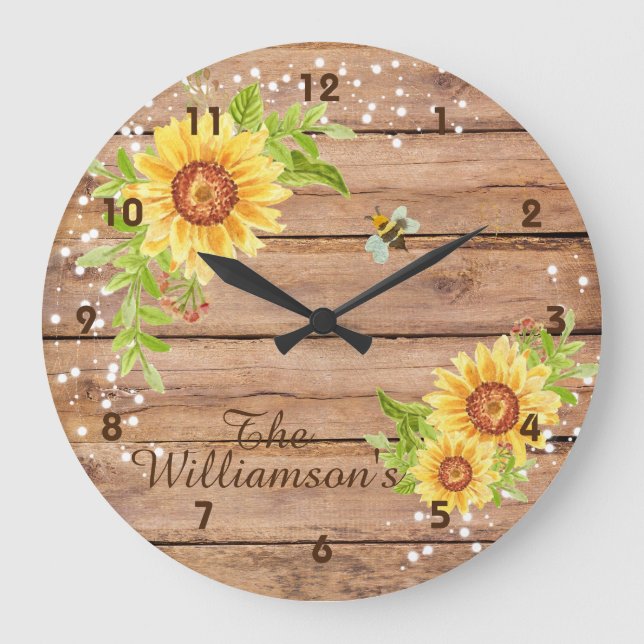 Reloj Redondo Grande Rustic Floral Yellow Sunflower Personalized (Anverso)