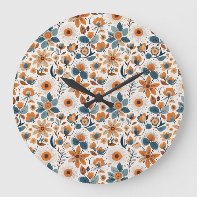 Reloj Redondo Grande Rustic Garden Floral Folk Art Illustration Spring  (Anverso)