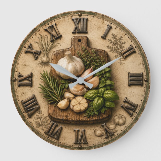 Reloj Redondo Grande Rustic Garlic & Fresh Herbs Farmhouse Kitchen  (Anverso)