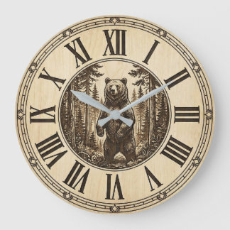 Reloj Redondo Grande Rustic Grizzly Bear Wall Clock | Wood Style