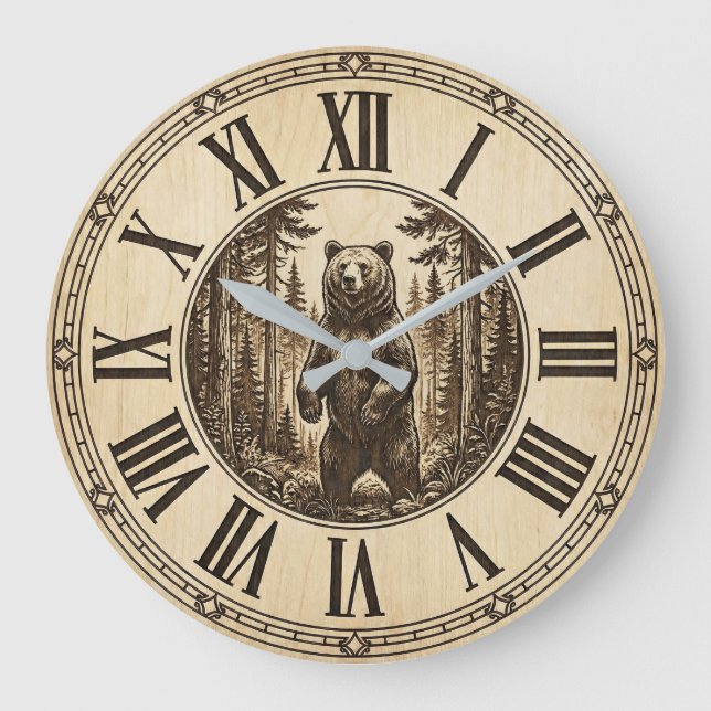 Reloj Redondo Grande Rustic Grizzly Bear Wall Clock | Wood Style  (Anverso)