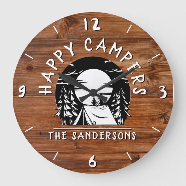 Reloj Redondo Grande Rustic Happy Campers Tent Family Name Wood Design (Anverso)