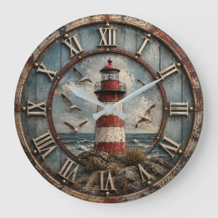 Reloj Redondo Grande Rustic Lighthouse Coastal Nautical Beach House 
