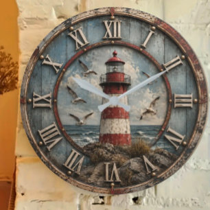 Reloj Redondo Grande Rustic Lighthouse Coastal Nautical Beach House 