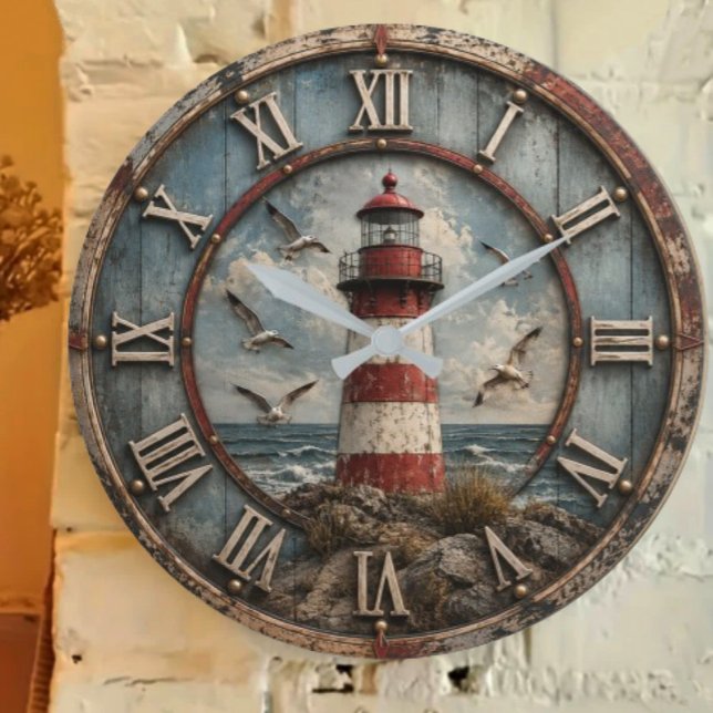 Reloj Redondo Grande Rustic Lighthouse Coastal Nautical Beach House  (Subido por el creador)