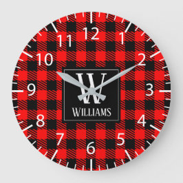 Reloj Redondo Grande Rustic Modern Red Buffalo Plaid Checkered Monogram