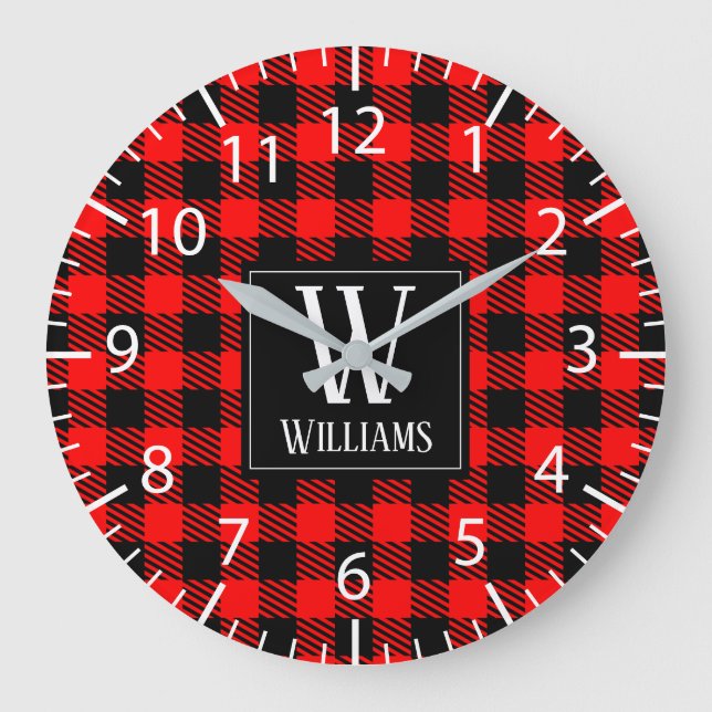 Reloj Redondo Grande Rustic Modern Red Buffalo Plaid Checkered Monogram (Anverso)