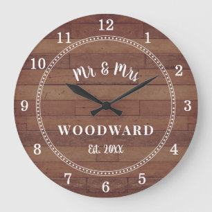 Reloj Redondo Grande Rustic Mr. Y Mrs. Monogrammed Boda Newlyweds