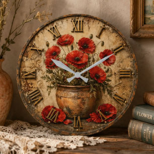 Reloj Redondo Grande Rustic Poppy Flower Vintage Floral Farmhouse