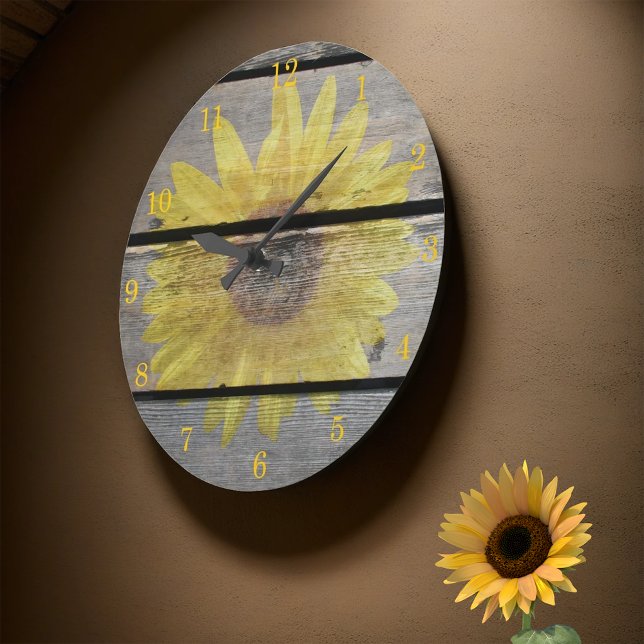 Reloj Redondo Grande Rustic Sunflower On Wood (Subido por el creador)