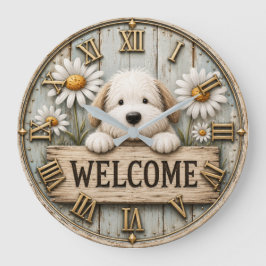 Reloj Redondo Grande Rustic Welcome Puppy with Daisies Farmhouse