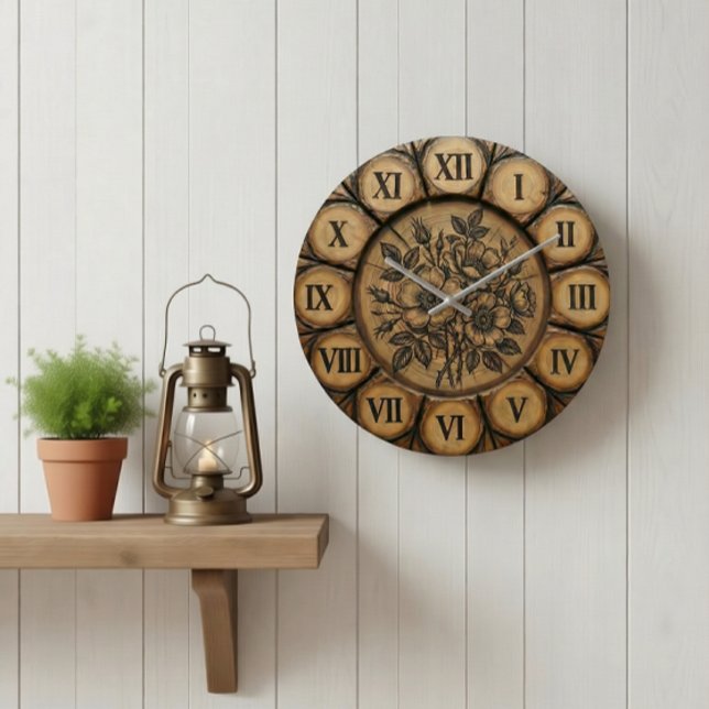 Reloj Redondo Grande Rustic Wild Rose Wall Clock | Wood-Look Farmhouse  (Subido por el creador)