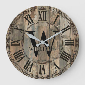 Reloj Redondo Grande Rustic Williams Family Monogram Clock | Wood-Look