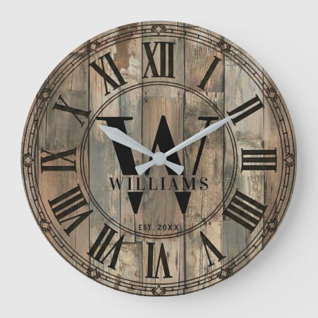 Reloj Redondo Grande Rustic Williams Family Monogram Clock | Wood-Look  (Anverso)