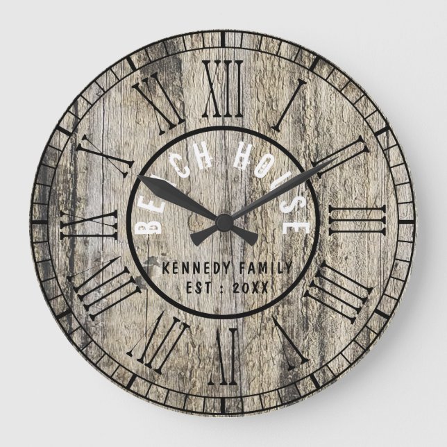 Reloj Redondo Grande Rustic Wood Beach House Black Roman Numeral (Anverso)